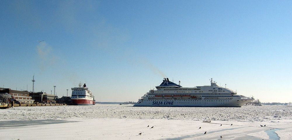 Ferries on a frozen sea in Helsinki, Finland