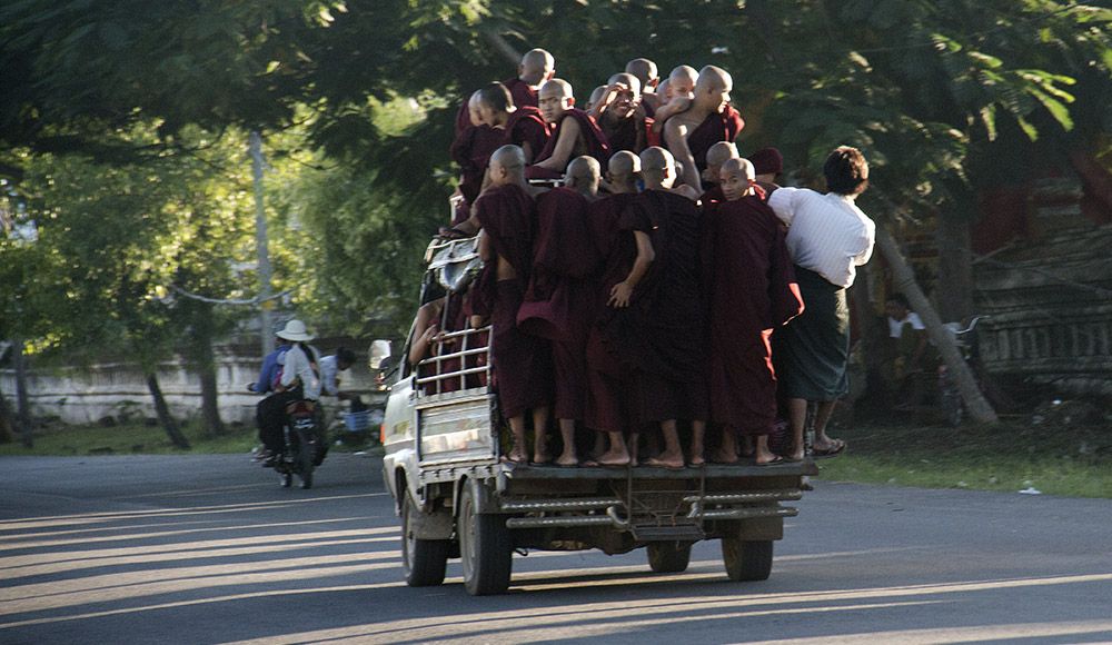 Monks in a truck in Mandalay